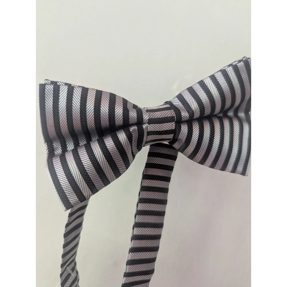 Antonia Collection Silk Bow Tie‎ Set Black Gray Stripe Pre Tied NWT Formal